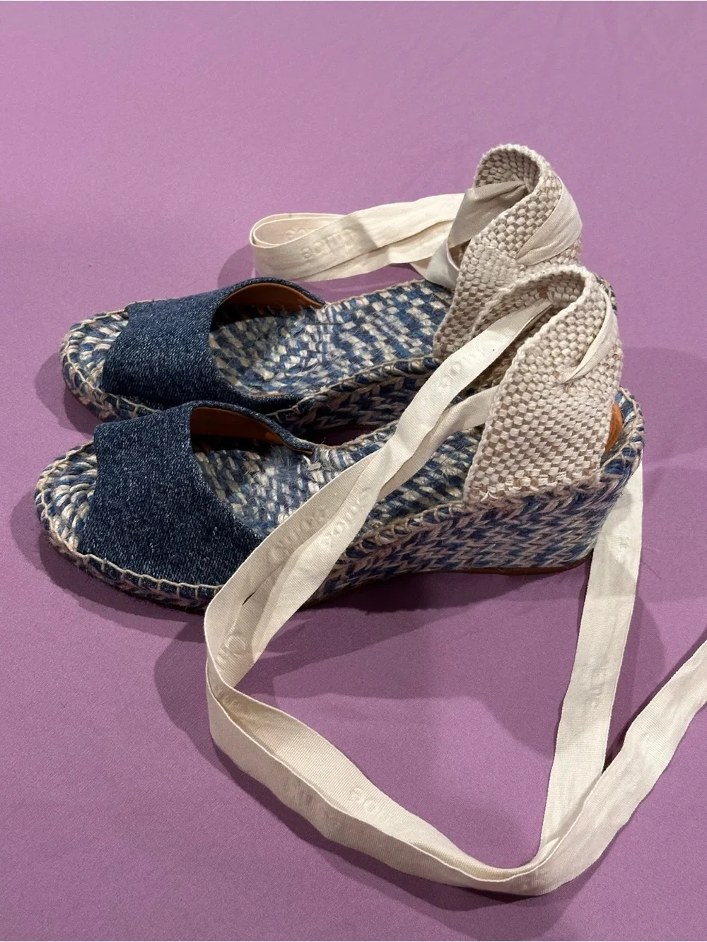 Chloe Blue Denim Espadrille Wedges with Cream Ankle Ties